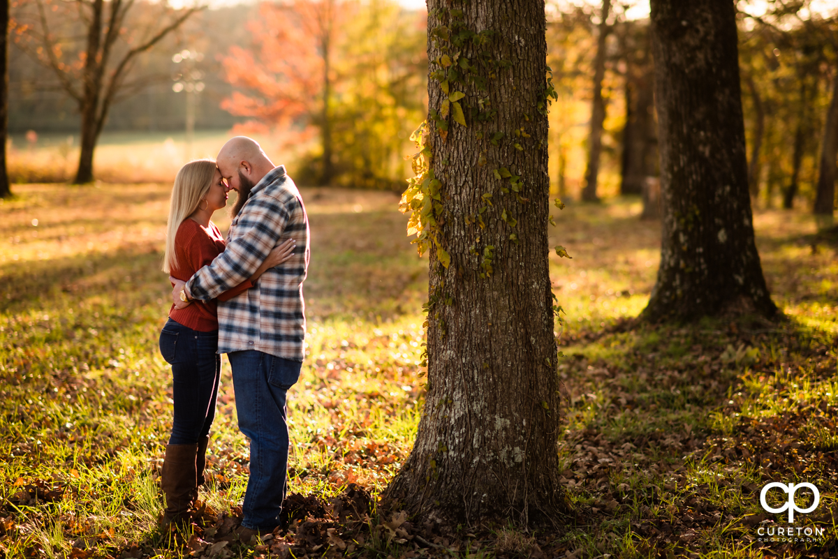 Engaged couple leaning in to each other near a tree in front of fall leaves at Famoda Farm.